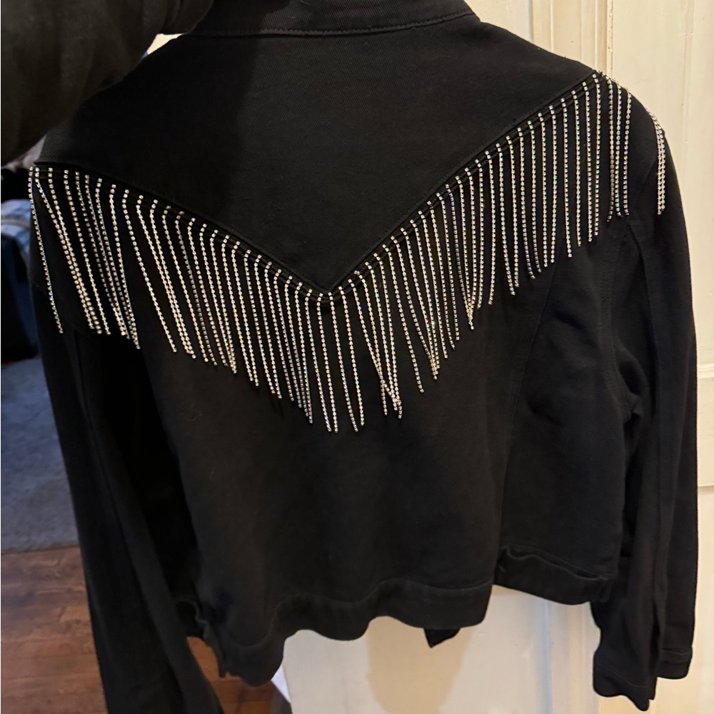 Wendy Drew Boutiquee black denim jacket with rhinestone fringe